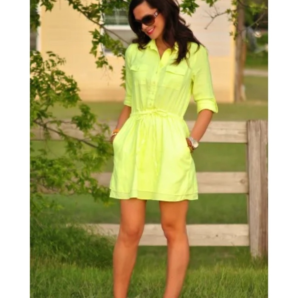 Gap Neon Green Drawstring Button Up Mini Shirt Dr… - image 2